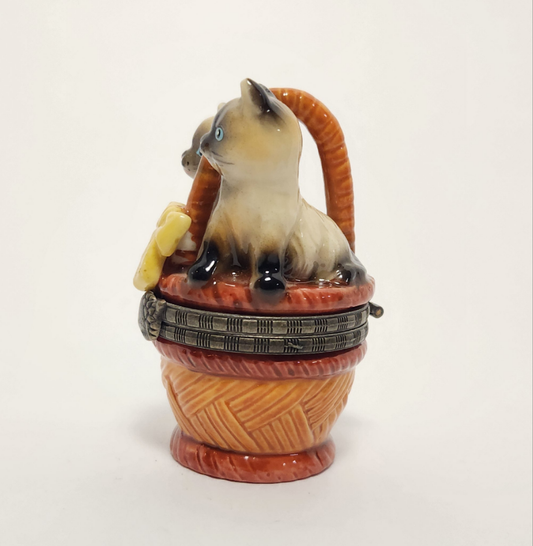 Ceramic Siamese Kittens in Basket Trinket Box