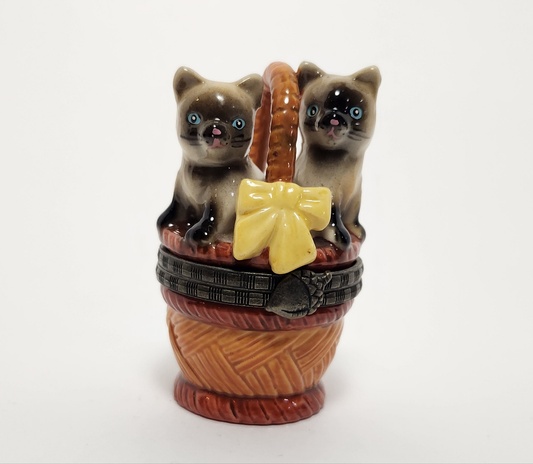 Ceramic Siamese Kittens in Basket Trinket Box
