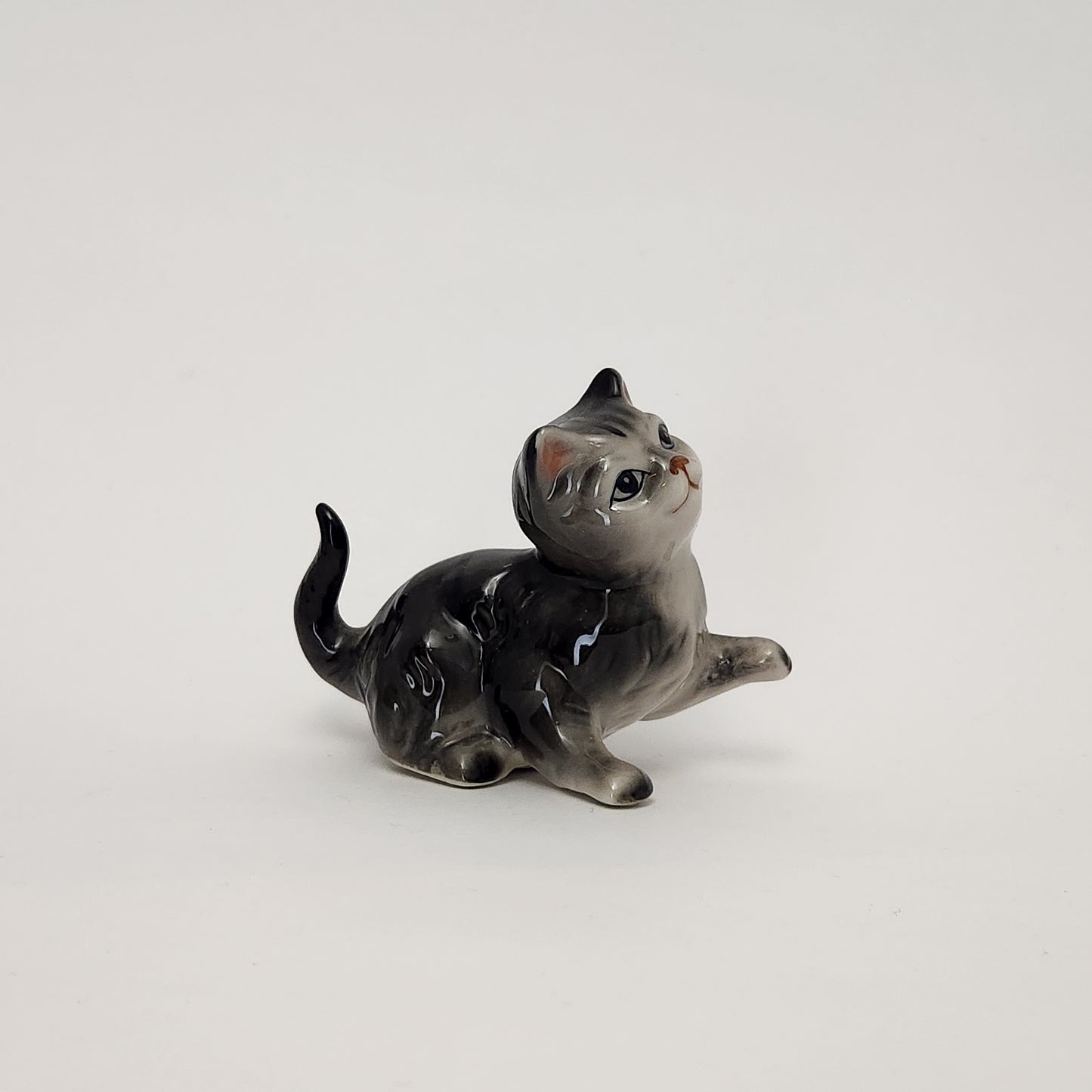 Grey Ceramic Tabby Cat Figurines x3