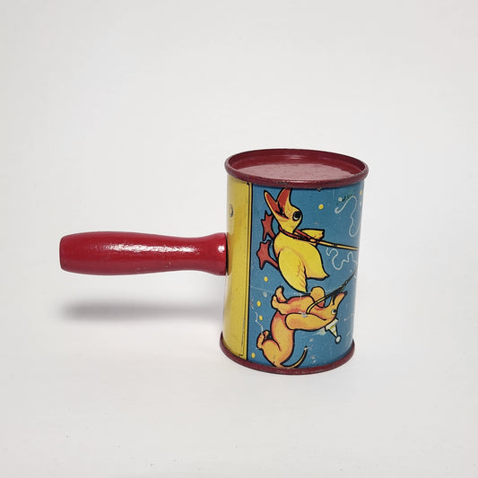 Tin Lithographed Clowns with Duck and Dog Noisemaker Toy with Wooden Handle