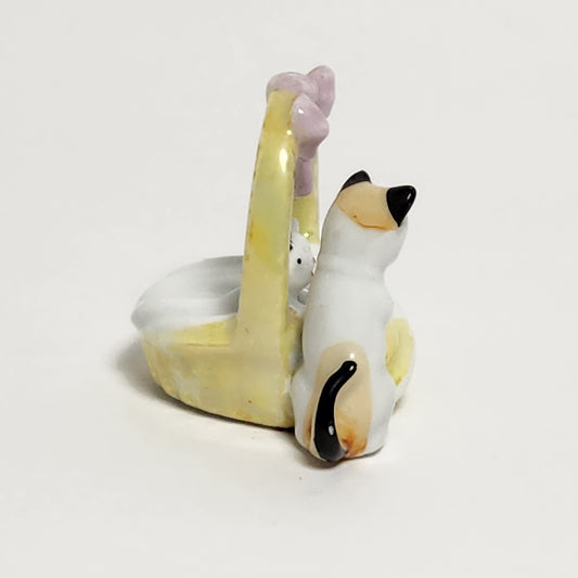 Mother Cat and Kittens in Basket Porcelain Figurine
