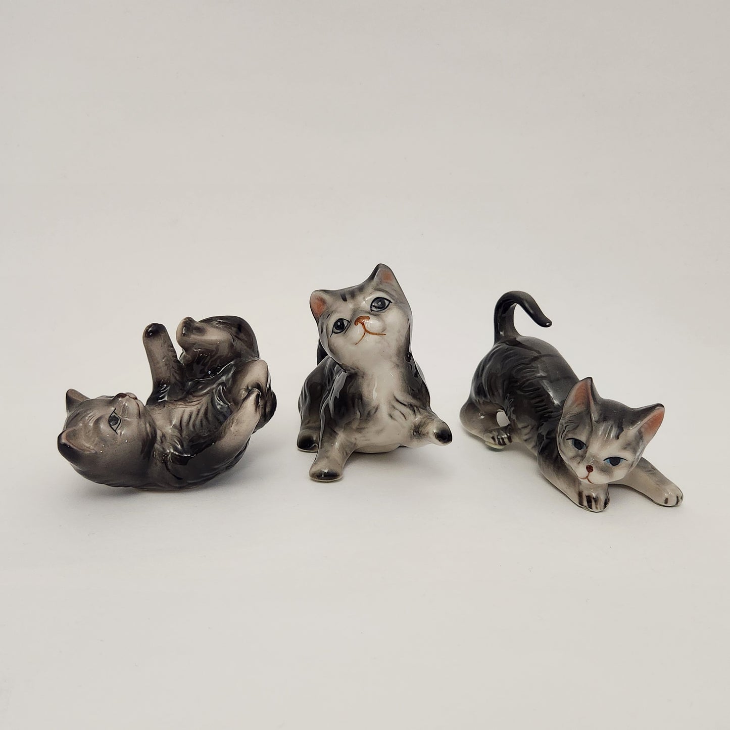Grey Ceramic Tabby Cat Figurines x3