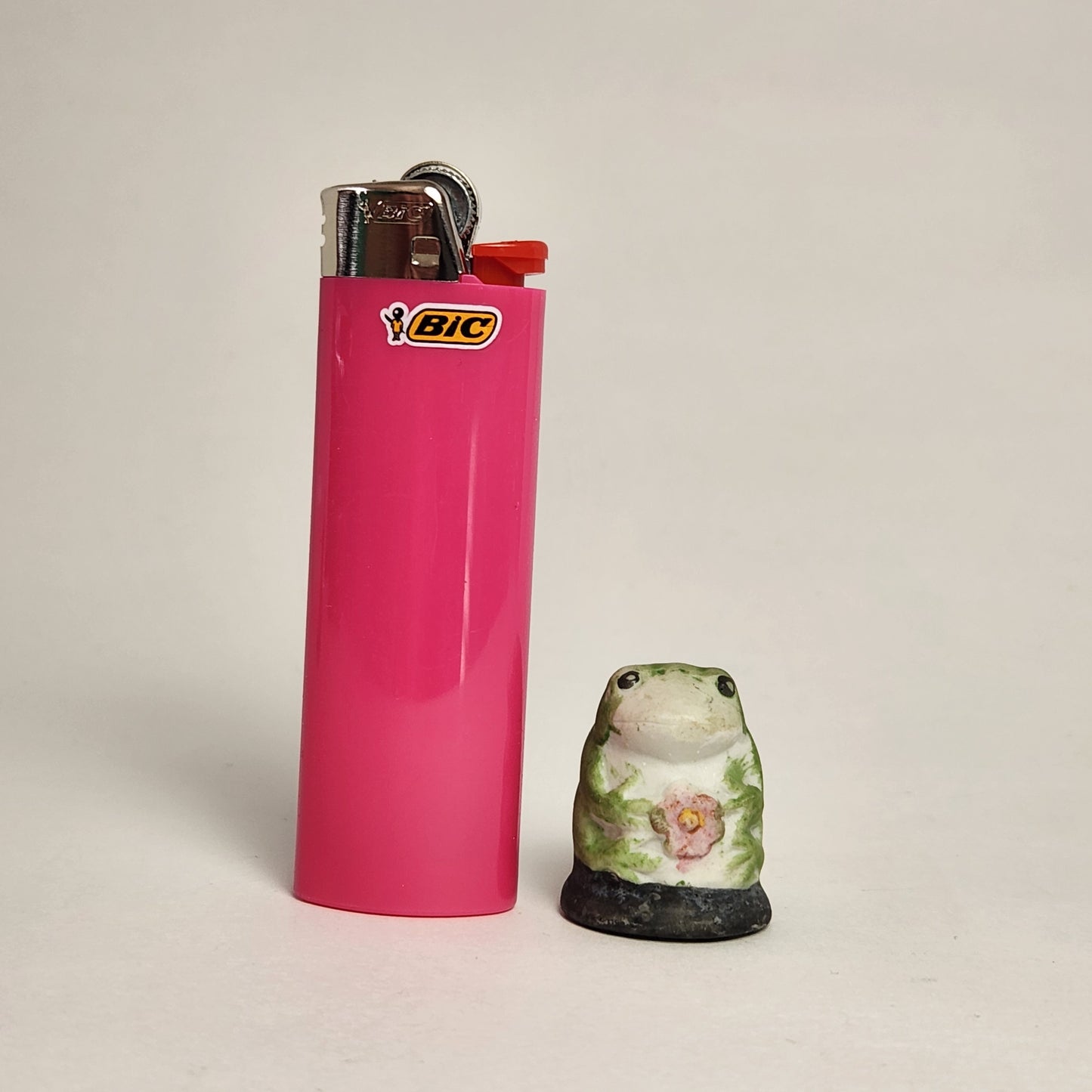 Porcelain Bisque Frog with Pink Flower Thimble