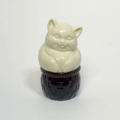 Avon - Beige Cat in Glass Basket Perfume Bottle 1974