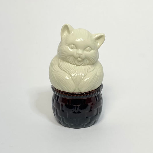 Avon - Beige Cat in Glass Basket Perfume Bottle 1974