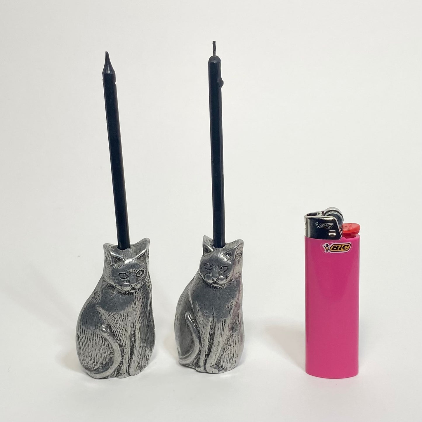 Solid Pewter Cat Candle Holders Set of 2