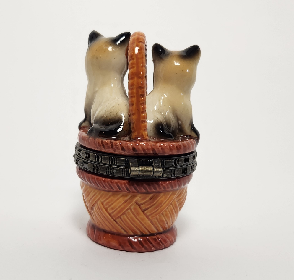 Ceramic Siamese Kittens in Basket Trinket Box