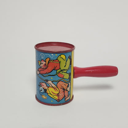 Tin Lithographed Clowns with Duck and Dog Noisemaker Toy with Wooden Handle
