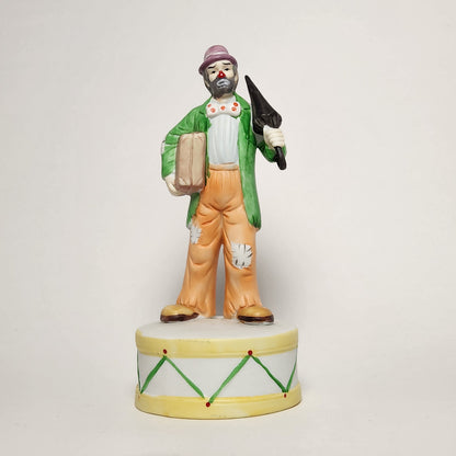 Flambro - Emmett Kelly Jr. - Hobo Clown with Umbrella Porcelain Bisque Music Box 1984