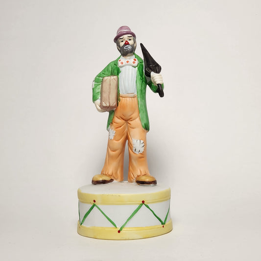 Flambro - Emmett Kelly Jr. - Hobo Clown with Umbrella Porcelain Bisque Music Box 1984