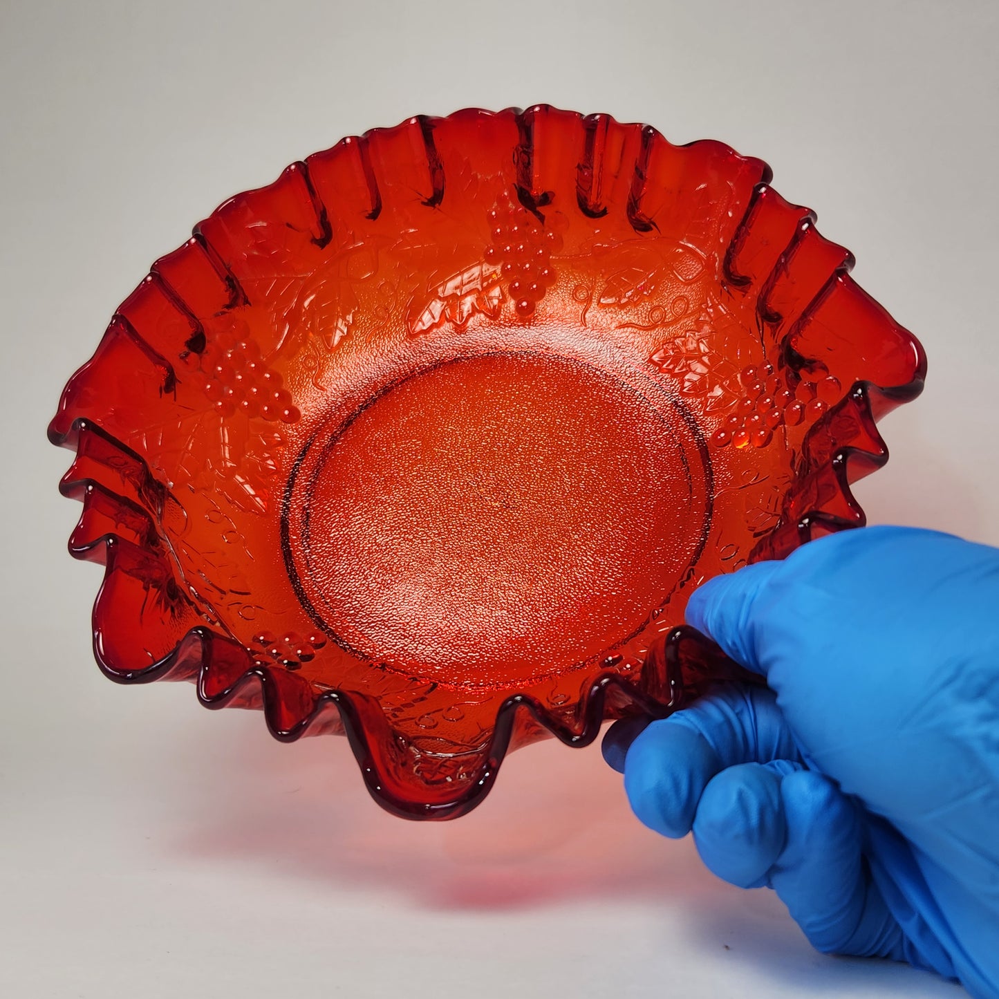 Imperial Glass - Ruby Ruffled Glass Bowl (Grape & Vines Design)