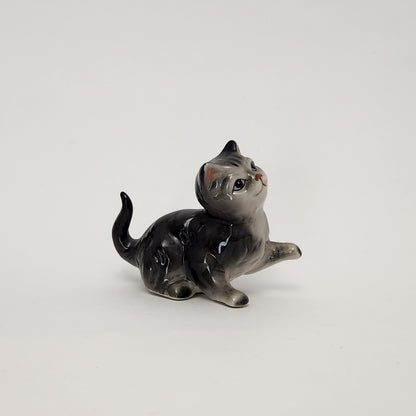 Grey Ceramic Tabby Cat Figurines x3
