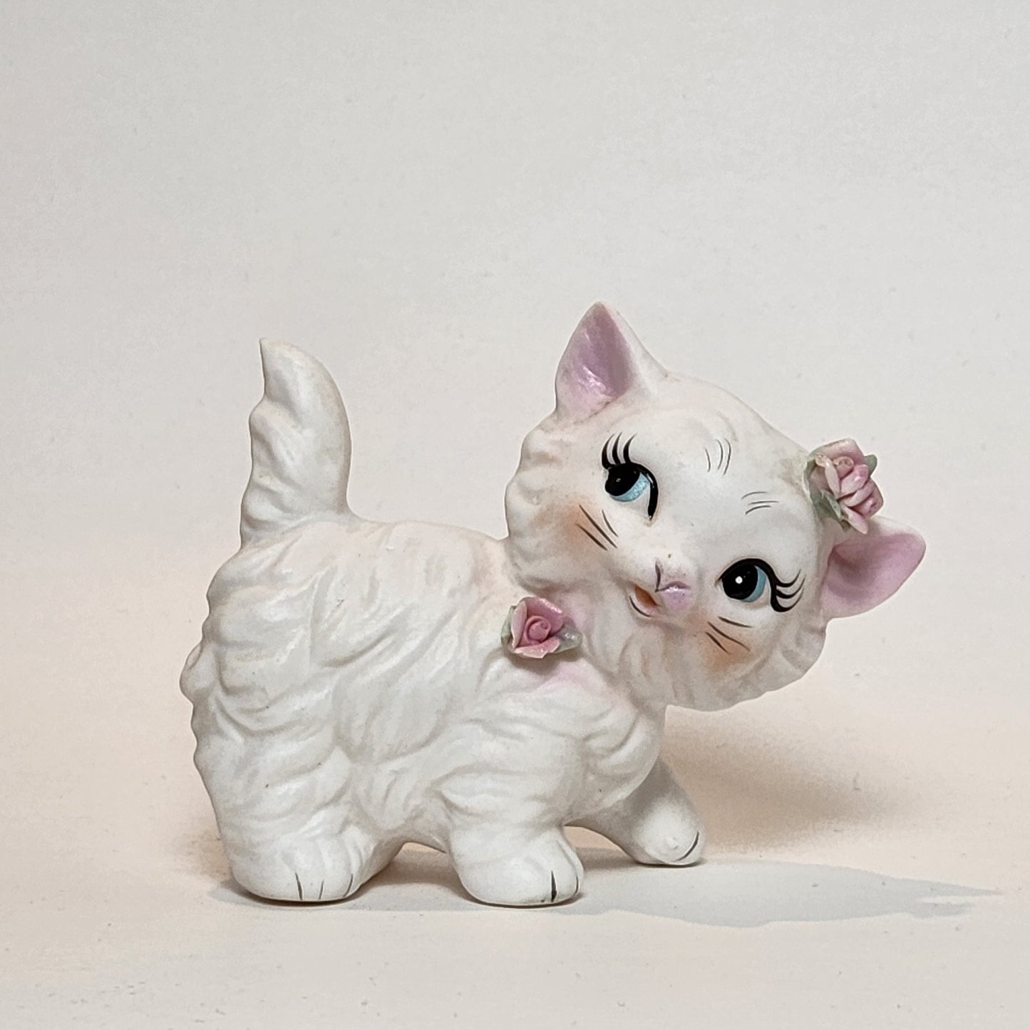 White Cat with Roses Porcelain Figurine