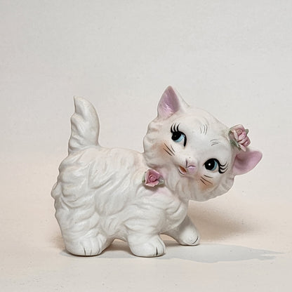White Cat with Roses Porcelain Figurine