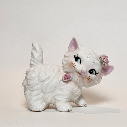 White Cat with Roses Porcelain Figurine
