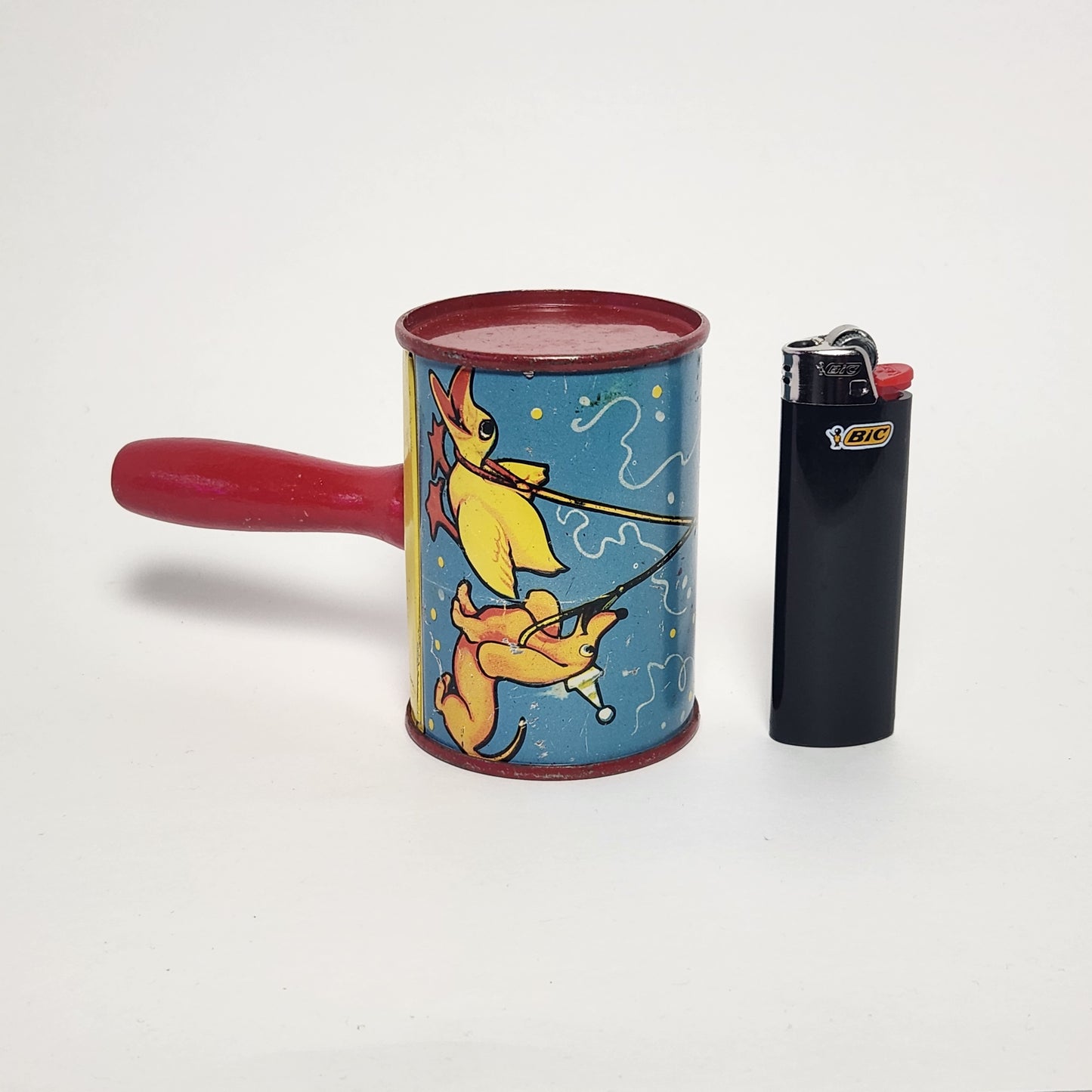 Tin Lithographed Clowns with Duck and Dog Noisemaker Toy with Wooden Handle