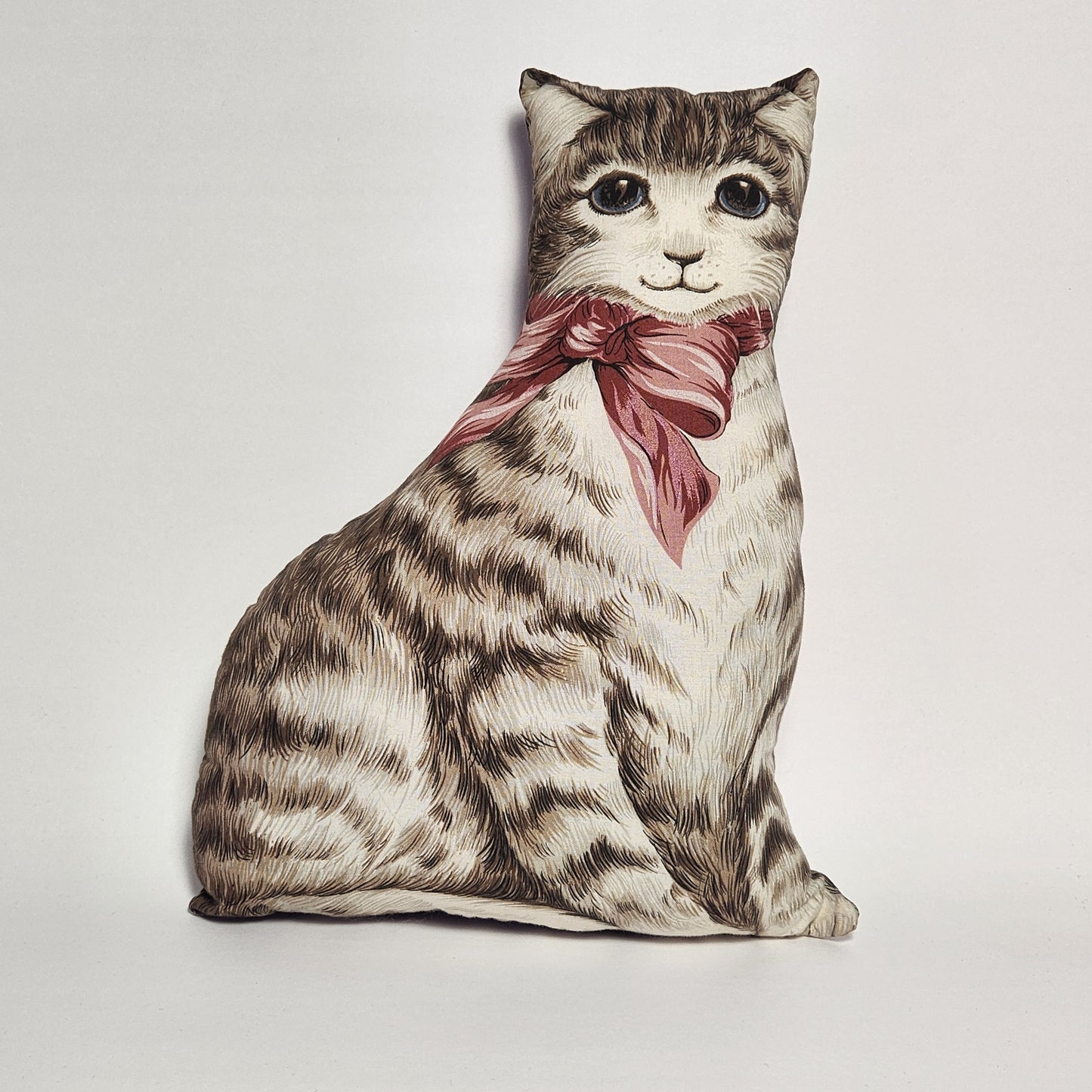 Handmade Tabby Cat with Bow Plush Pillow Doll