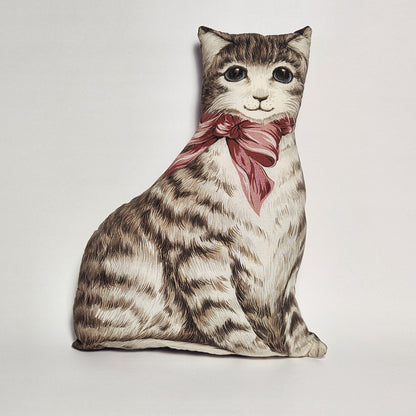 Handmade Tabby Cat with Bow Plush Pillow Doll