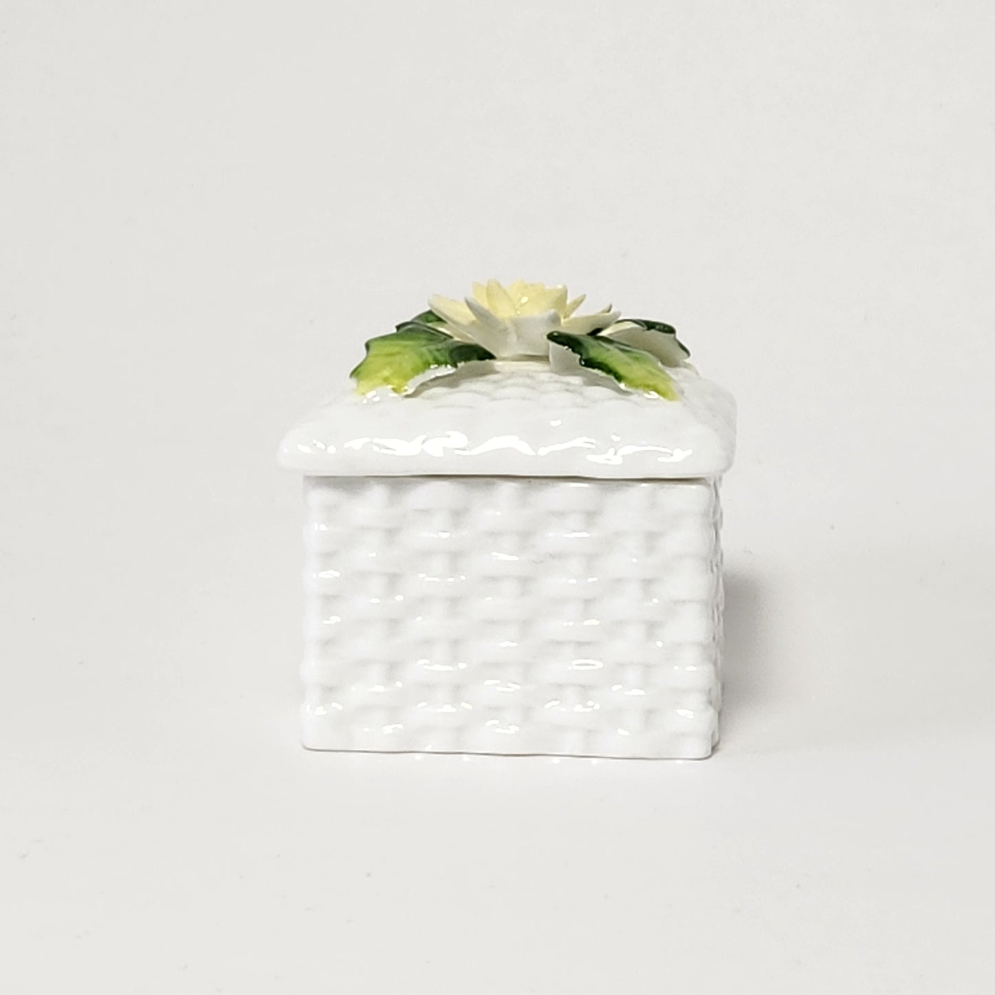 Schmid - Bone China Basket Weave Trinket Box with Yellow Flower