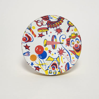 Tin Lithographed Round Clowns Noisemaker Toy with Wooden Handle
