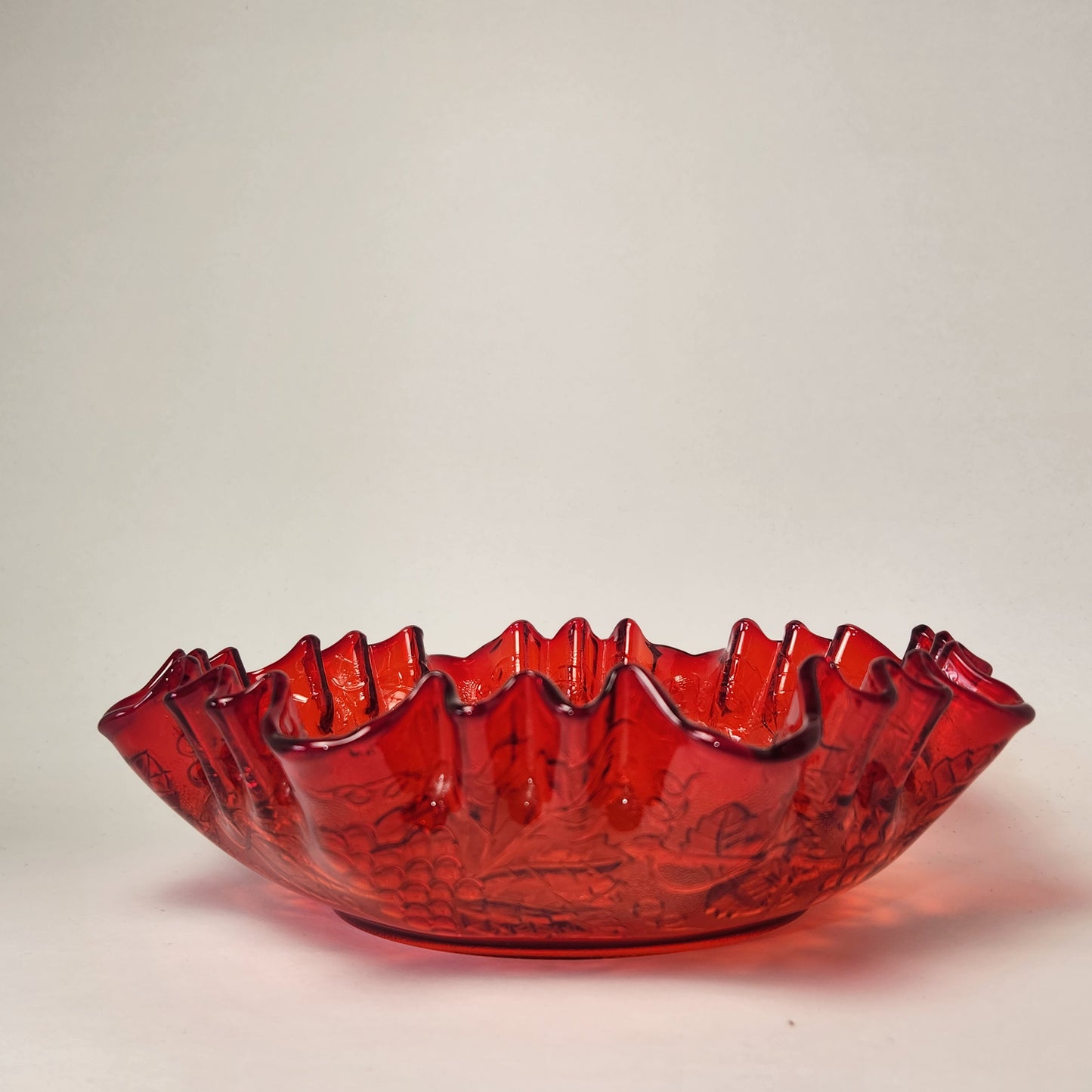 Imperial Glass - Ruby Ruffled Glass Bowl (Grape & Vines Design)