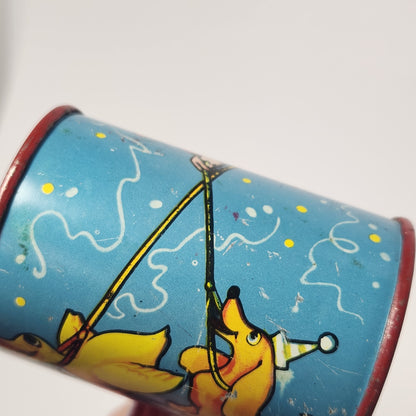 Tin Lithographed Clowns with Duck and Dog Noisemaker Toy with Wooden Handle