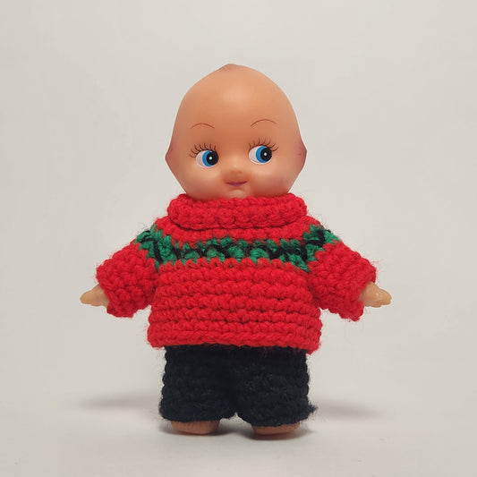 Kewpie 5" Rubber Doll with Red and Black Crocheted Outfit