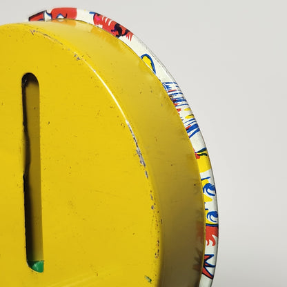 Tin Lithographed Round Clowns Noisemaker Toy with Wooden Handle