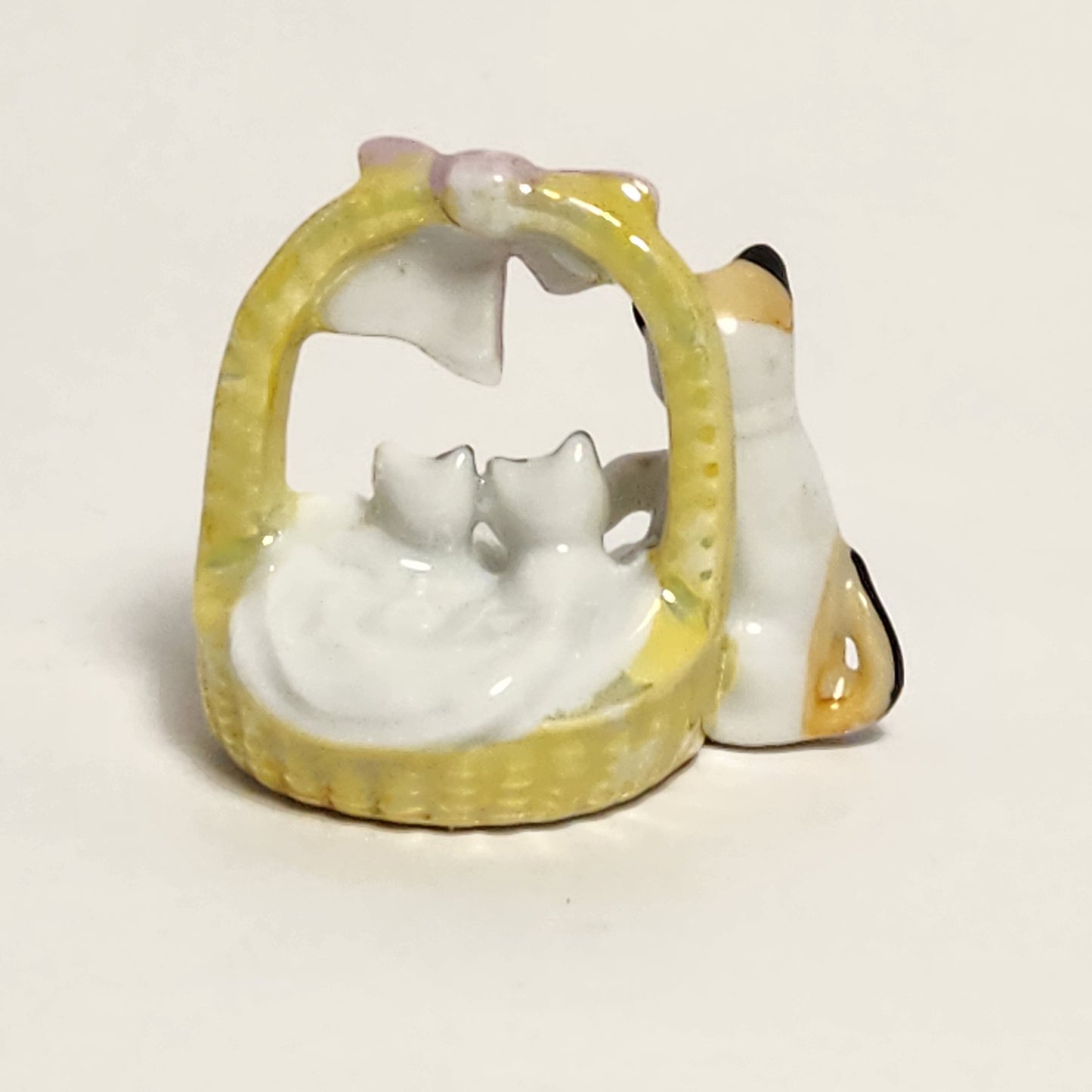 Mother Cat and Kittens in Basket Porcelain Figurine