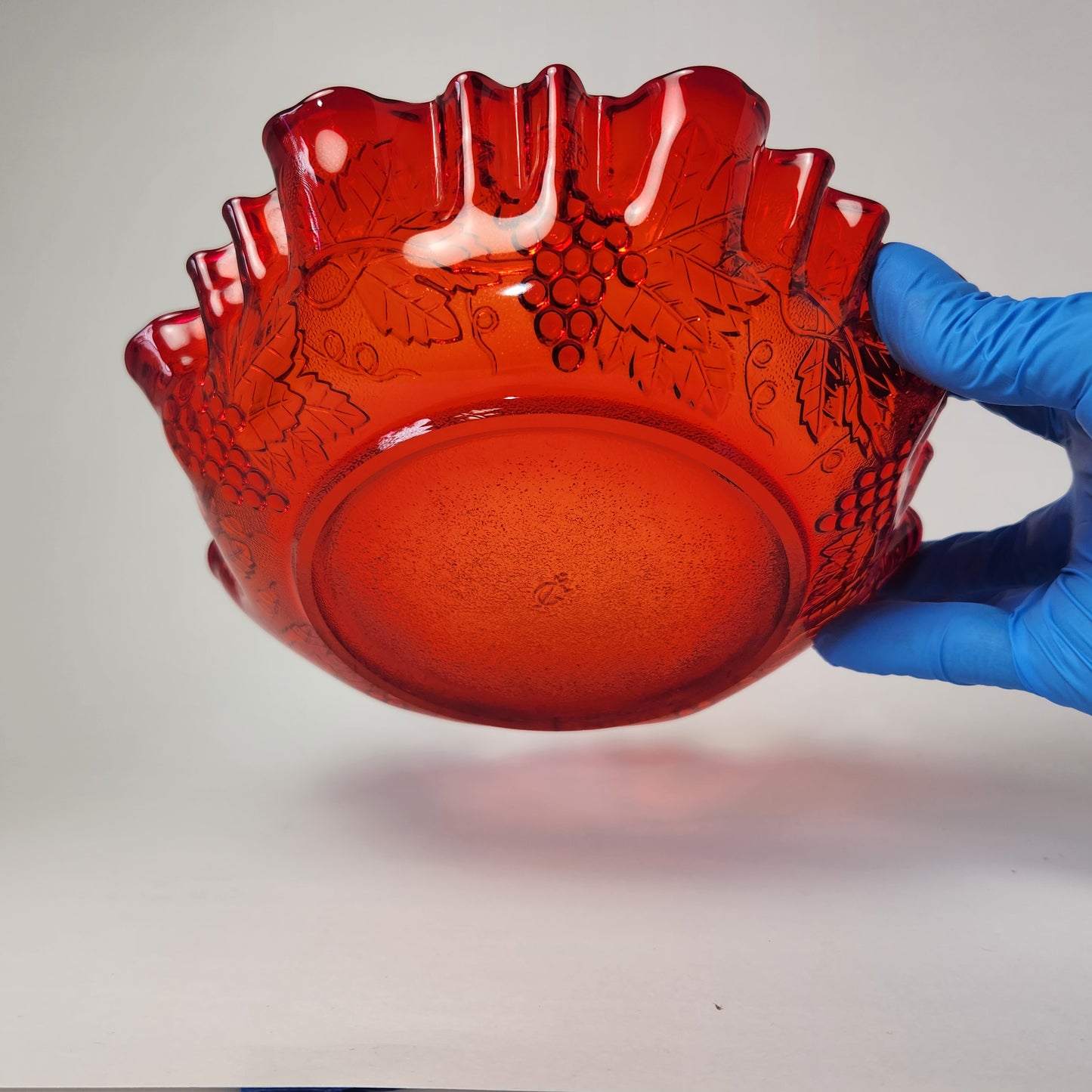 Imperial Glass - Ruby Ruffled Glass Bowl (Grape & Vines Design)
