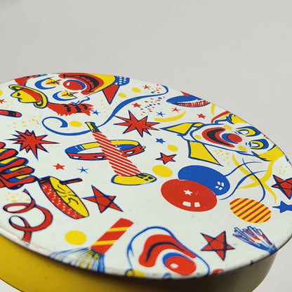 Tin Lithographed Round Clowns Noisemaker Toy with Wooden Handle