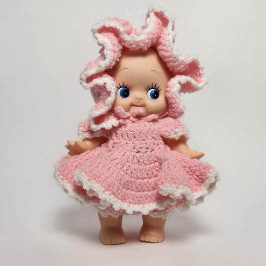 Kewpie 8" Rubber Squeak Doll with Pink Crocheted Outfit