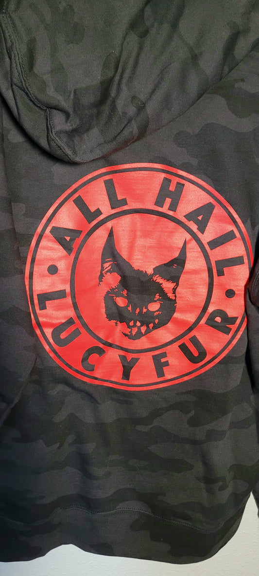 BANGcreated! - ALL HAIL LUCYFUR - Heavyweight Black on Black Camo Hoodie