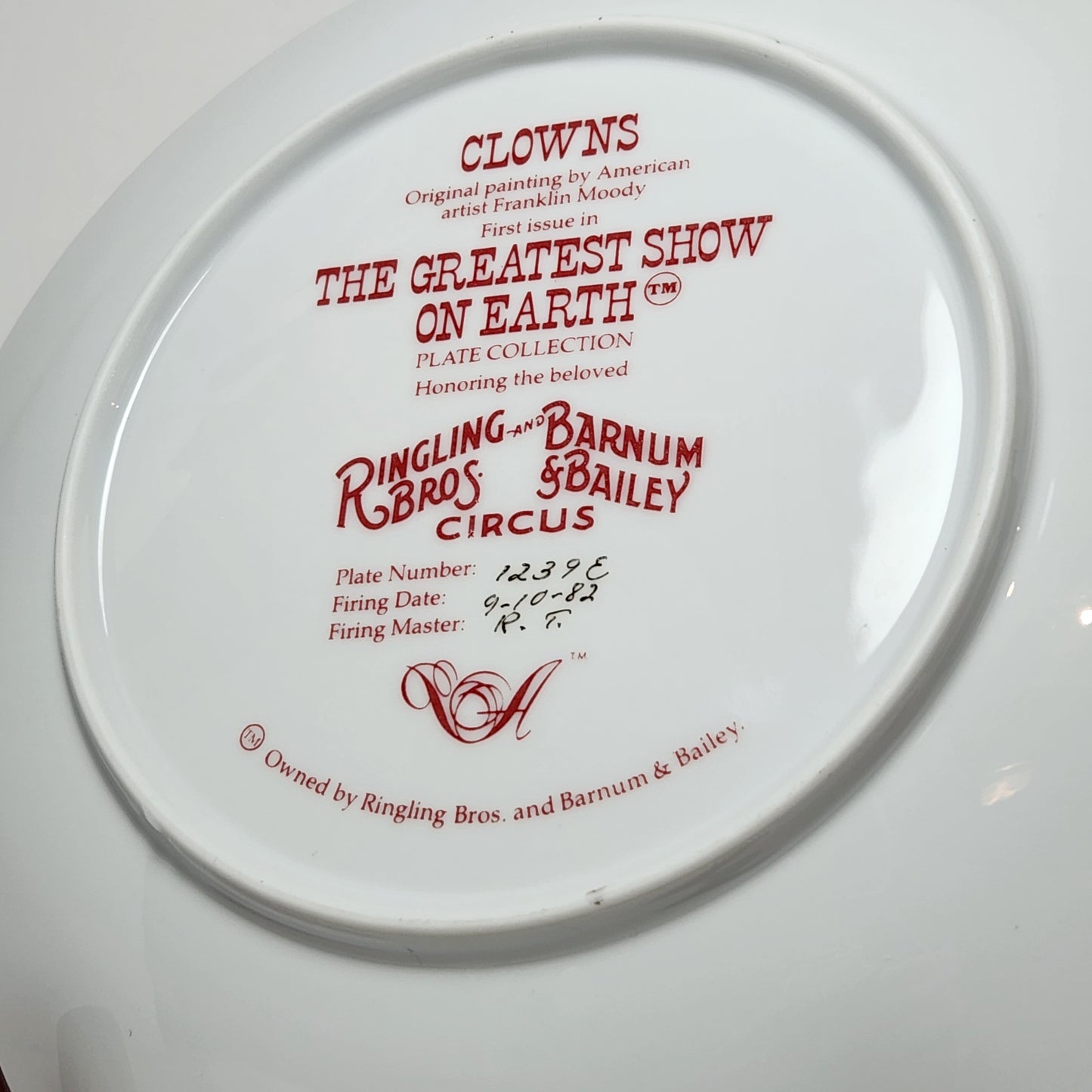 Ringling Bros. - Franklin Moody - Barnum & Bailey Circus Clowns Collector Plate 1982 (NO COA)