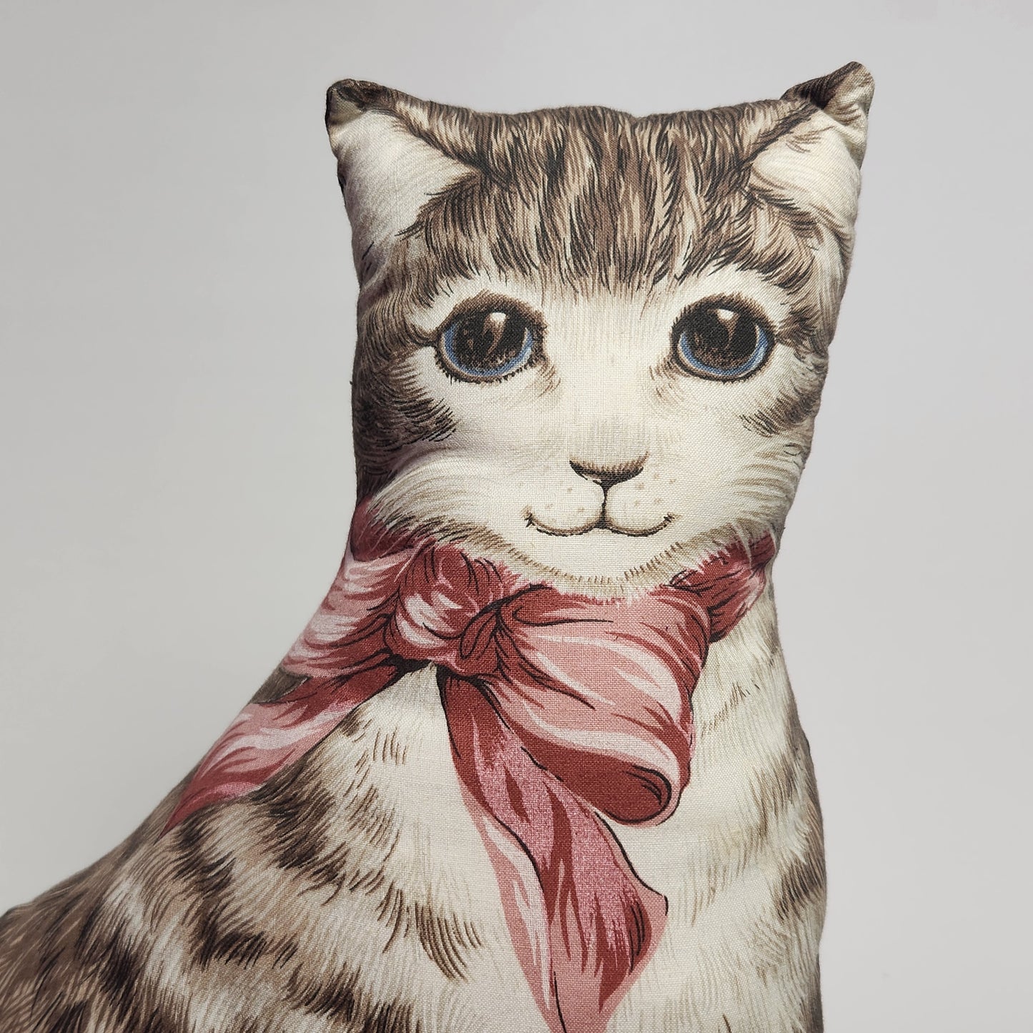 Handmade Tabby Cat with Bow Plush Pillow Doll