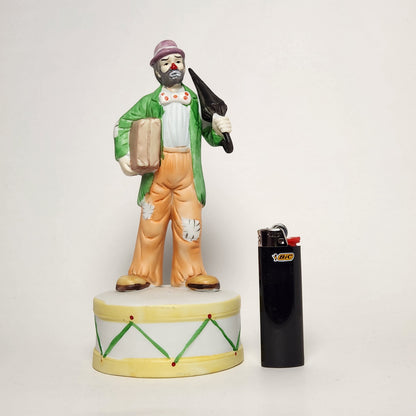 Flambro - Emmett Kelly Jr. - Hobo Clown with Umbrella Porcelain Bisque Music Box 1984