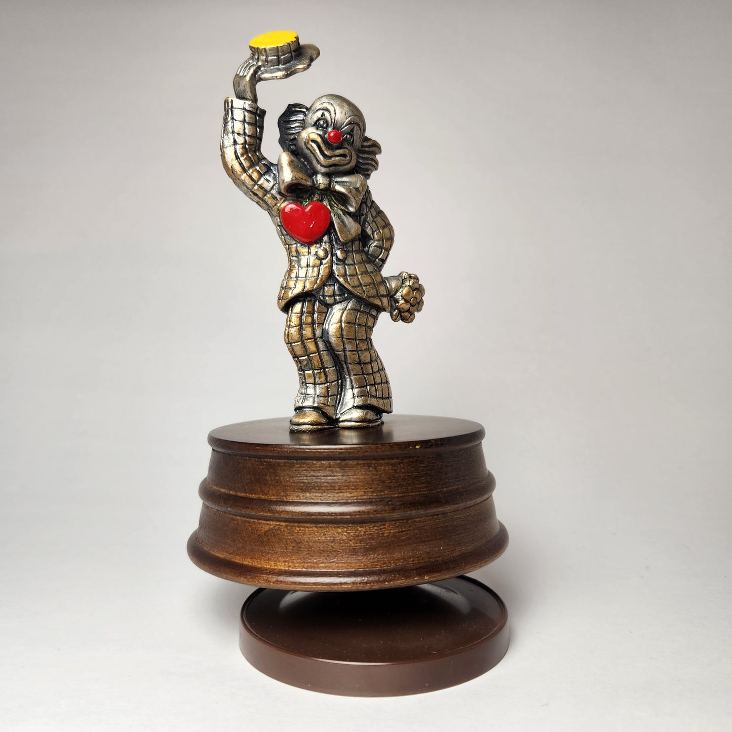 George Good Co. - Pewter Clown with Heart & Flowers Music Box 1980s