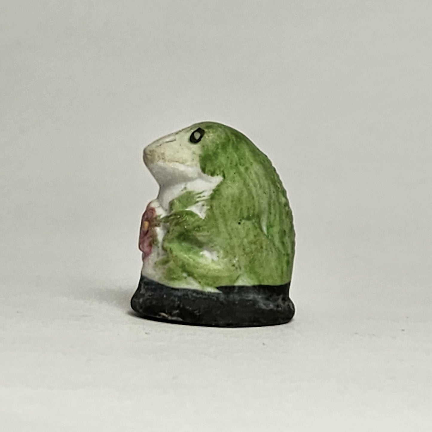 Porcelain Bisque Frog with Pink Flower Thimble