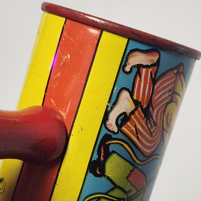 Tin Lithographed Clowns with Duck and Dog Noisemaker Toy with Wooden Handle