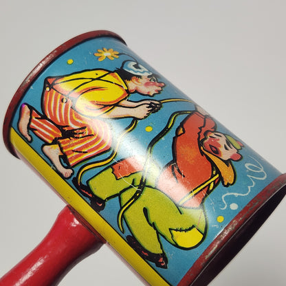 Tin Lithographed Clowns with Duck and Dog Noisemaker Toy with Wooden Handle