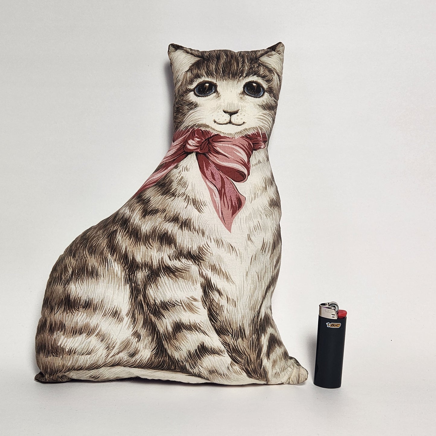 Handmade Tabby Cat with Bow Plush Pillow Doll