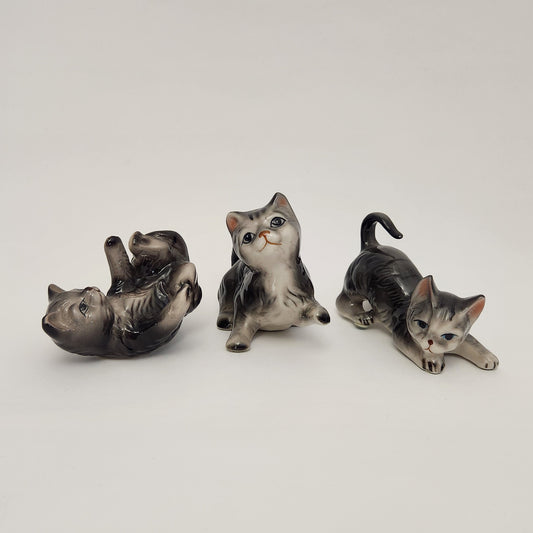 Grey Ceramic Tabby Cat Figurines x3