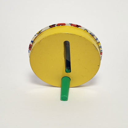 Tin Lithographed Round Clowns Noisemaker Toy with Wooden Handle