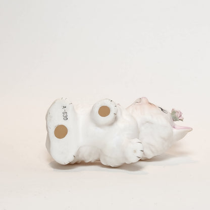White Cat with Roses Porcelain Figurine