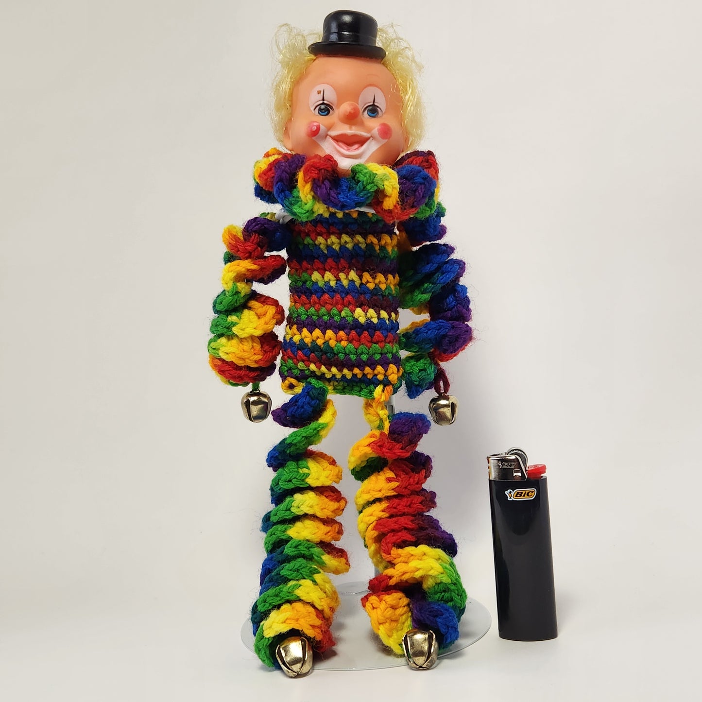 Handmade Rainbow Crochet Body Clown Doll with Bell Hands and Feet