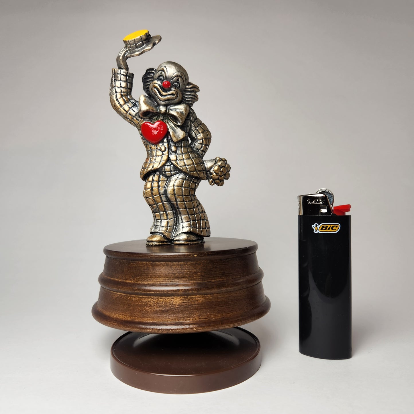 George Good Co. - Pewter Clown with Heart & Flowers Music Box 1980s