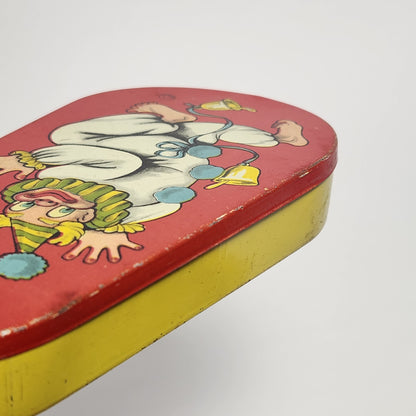 Tin Lithographed Dancing Clown Noisemaker Toy with Wooden Handle