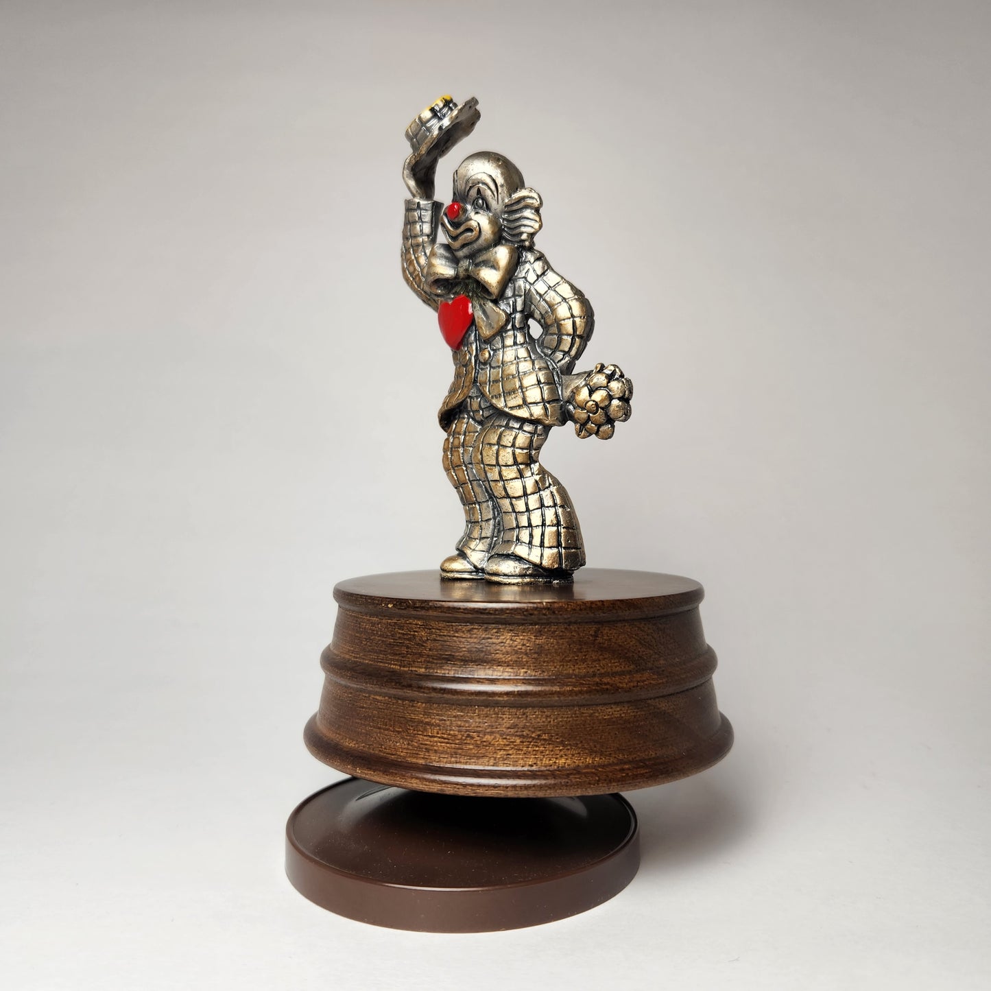 George Good Co. - Pewter Clown with Heart & Flowers Music Box 1980s