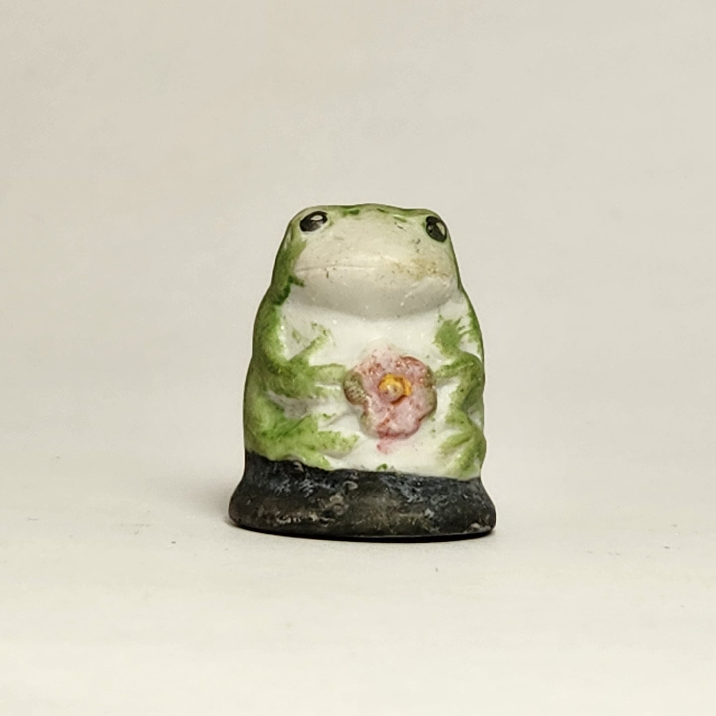 Porcelain Bisque Frog with Pink Flower Thimble