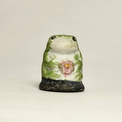 Porcelain Bisque Frog with Pink Flower Thimble